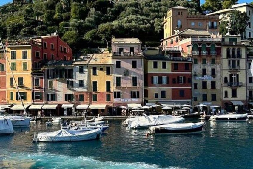 A coastal town with colorful buildings, boats docked in the water, and a hillside in the background. 4