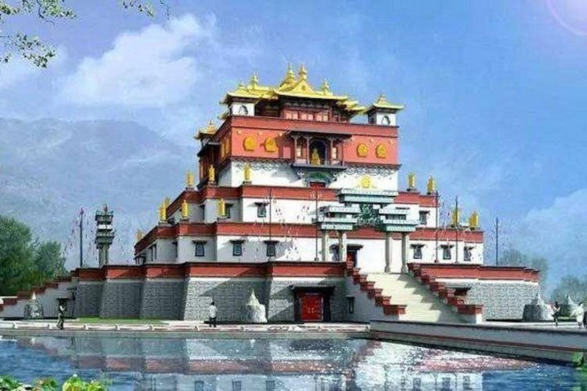 A multi-tiered temple with a red and white facade, a large central staircase, and a reflection in the water in front. 5