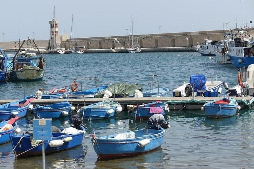 A harbor with multiple small boats docked, a lighthouse in the background, and a stone wall. 2