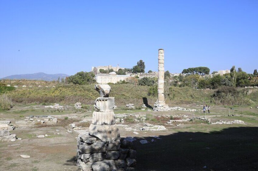 Ancient ruins with stone columns and scattered stones in a grassy field. 2