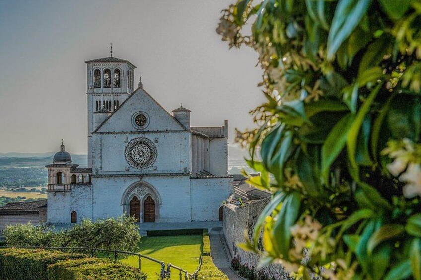 Una iglesia blanca con un campanario, rodeada de follaje y un cielo despejado. 3