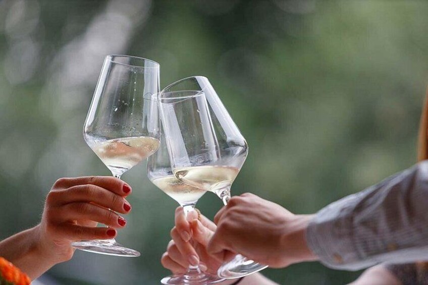 Two people holding wine glasses with a blurred green background. 3