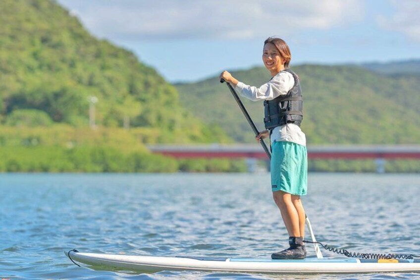 A person paddleboarding on a calm body of water with a mountainous landscape in the background. 4