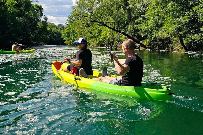 Two people kayaking on a river surrounded by trees. 1