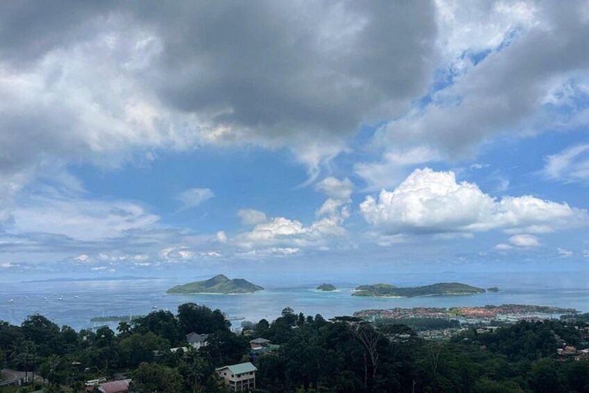 A coastal landscape with a view of the sea, islands, and a forested area. 2