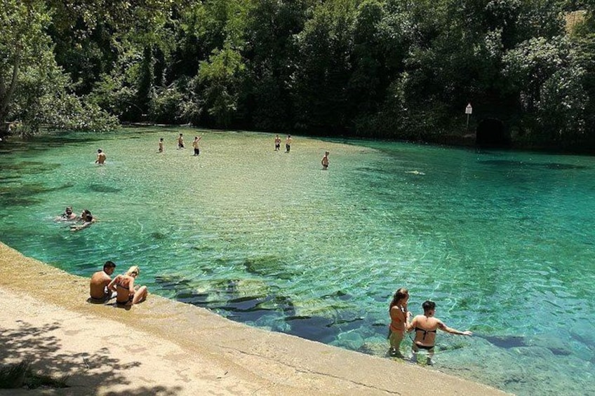 Una piscina cristalina rodeada de árboles, con gente nadando y disfrutando. 2