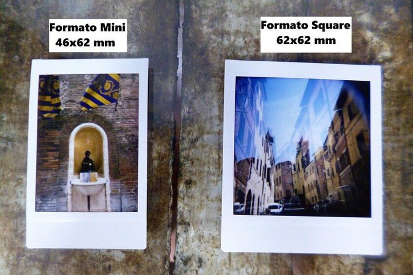 Zwei Fotografien, eine mit der Aufschrift 'Formato Mini 46x62 mm' und die andere 'Formato Square 62x62 mm', beide zeigen Szenen mit architektonischen Details. 5