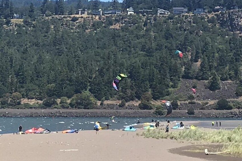 Una playa con gente volando cometas y un paisaje con una ladera boscosa al fondo. 3