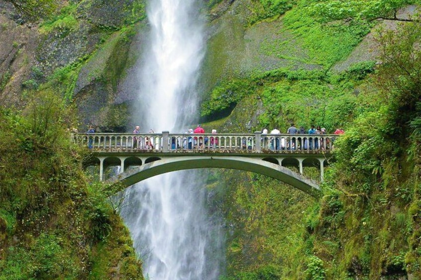 A bridge over a waterfall with people walking on it. 1