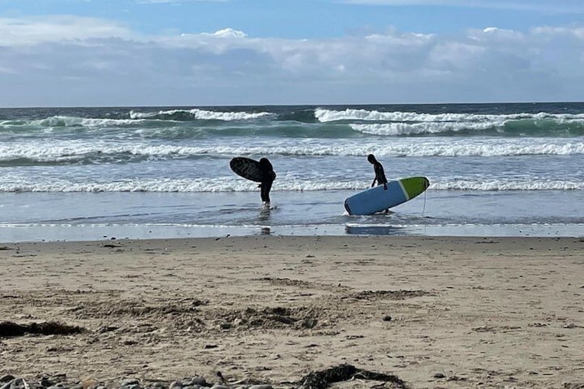 A beach with two surfers walking towards the water, carrying surfboards. 2