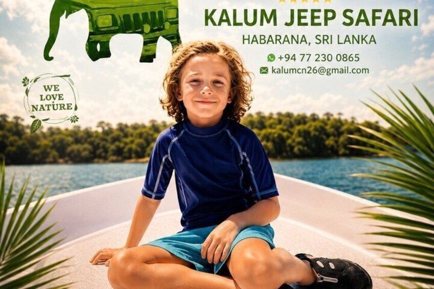 A child sitting by a lake with a jeep in the background, indicating a safari experience in Kalum, Sri Lanka. 4