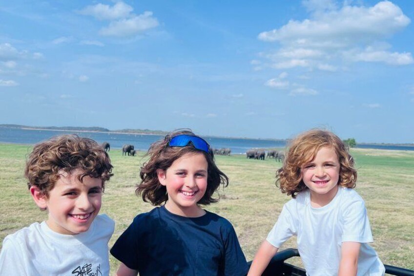 Three children outdoors with a grassy field and elephants in the background. 5