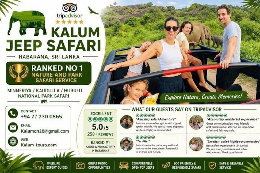 A jeep safari in Kalum, Sri Lanka, with a 5.0 rating and 250+ reviews. 3