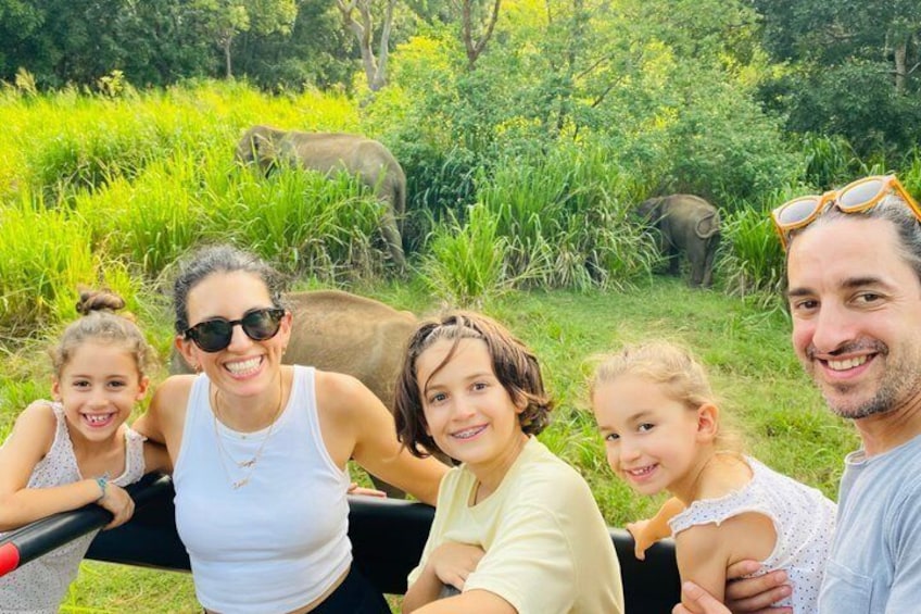 A family of five sitting on a bench with elephants in the background. 2