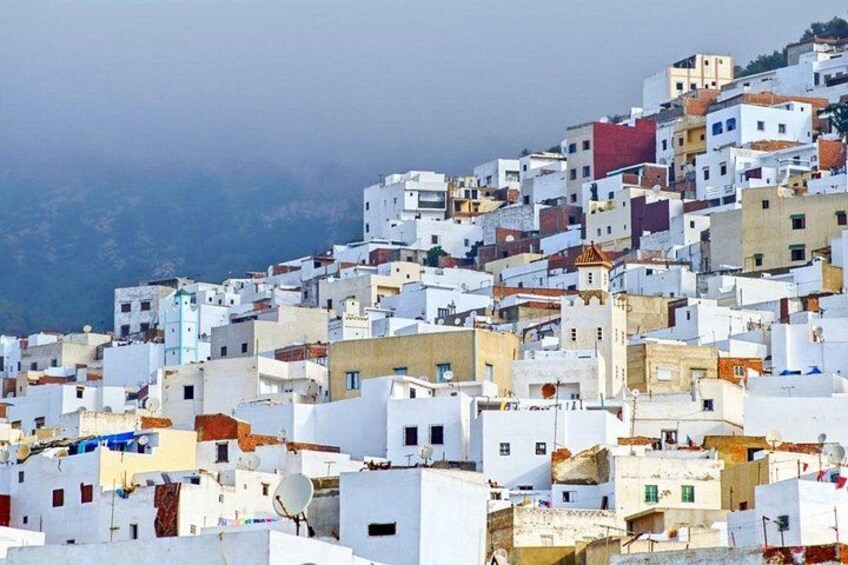 A densely packed hillside of white buildings with a few red-roofed structures. 5