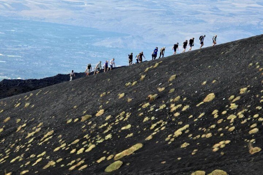 A group of people hiking up a volcanic slope with scattered yellow vegetation. 3