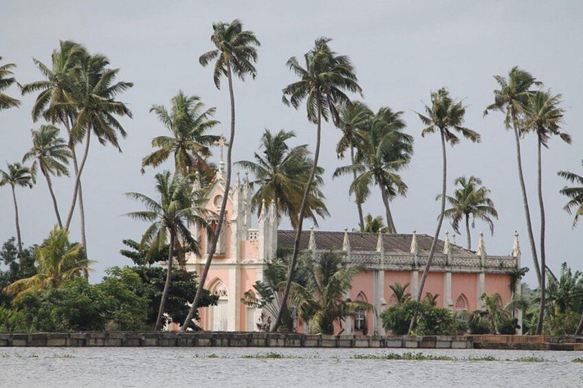 A pink building with a tower, surrounded by palm trees. 2