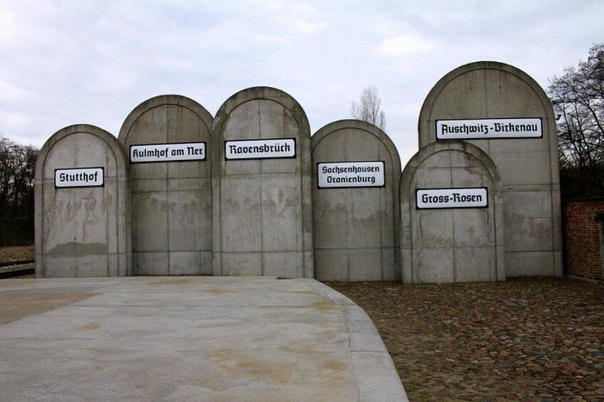 A set of arched stone structures with inscriptions indicating different locations. 2