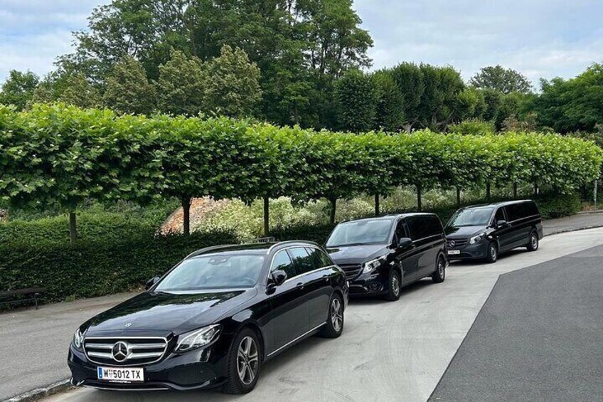 Three black cars parked on a road with a hedge in the background. 2