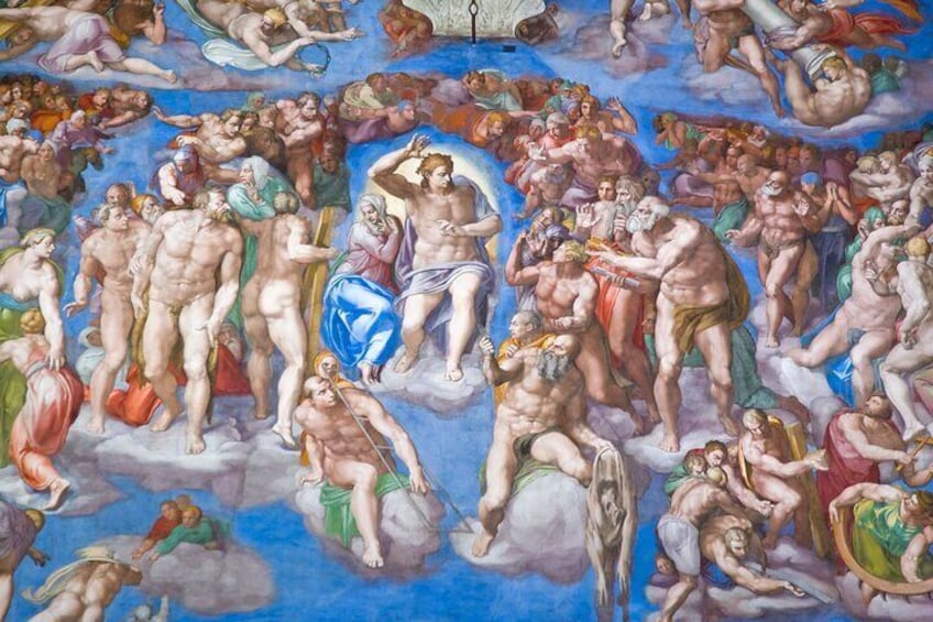A detailed fresco mural with multiple figures, some seated and some standing, in a classical architectural setting. 1