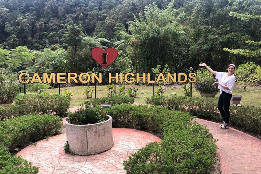 A person in a garden with a sign reading 'CAMERON HIGHLANDS' and a heart symbol. 2