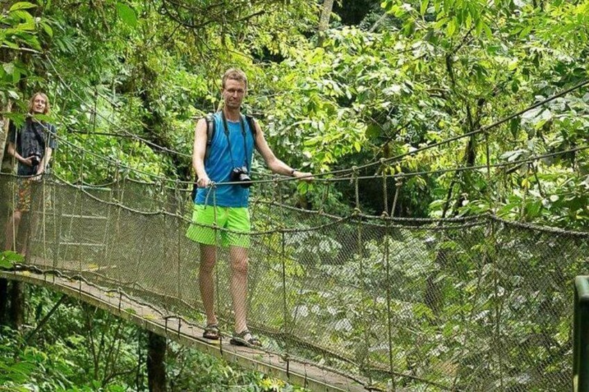 A person walking on a suspended bridge in a forested area. 5
