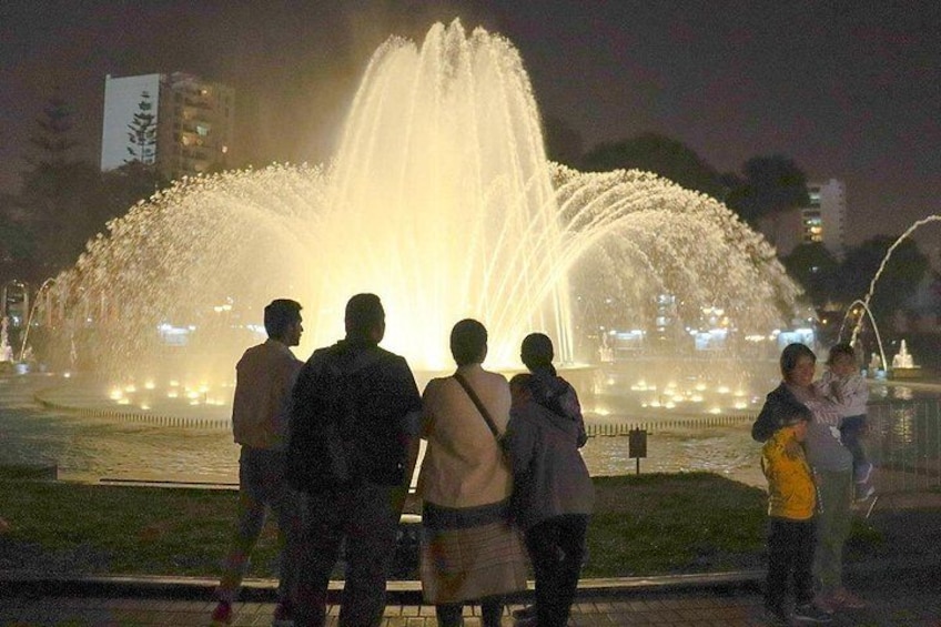 A group of people standing by a fountain at night. 5