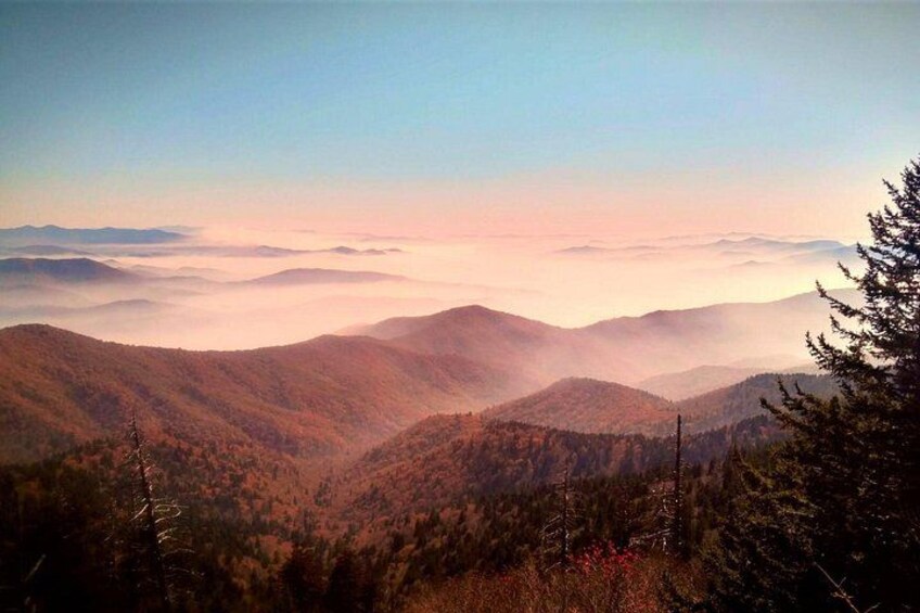 A mountainous landscape with a clear sky and a forested valley. 2