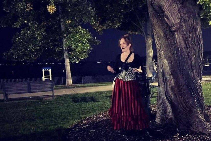 Una persona de pie junto a un árbol en un parque de noche. 3