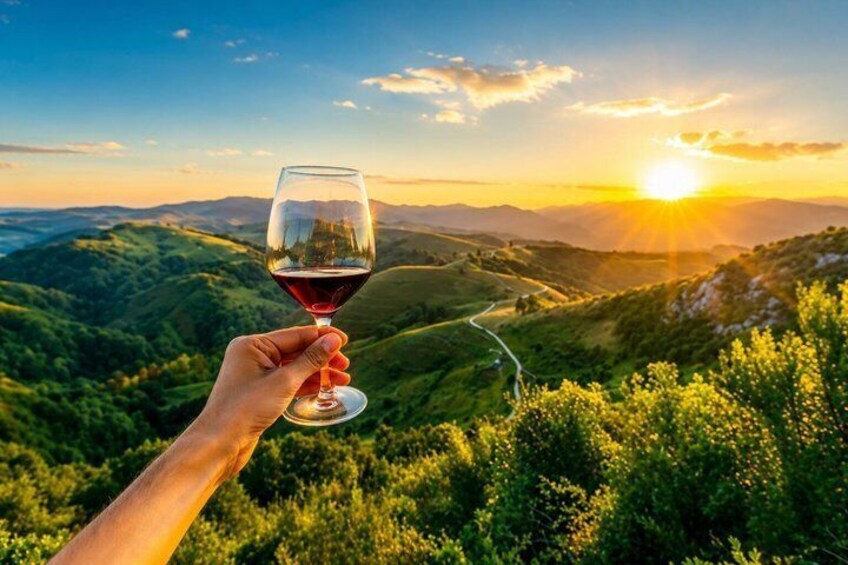 A hand holding a wine glass against a scenic backdrop of rolling hills and a setting sun. 2