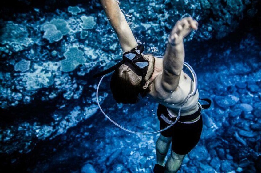 A person scuba diving underwater with a snorkel and fins. 1