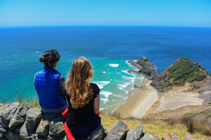 Deux personnes contemplent un paysage côtier avec une plage et des affleurements rocheux. 5