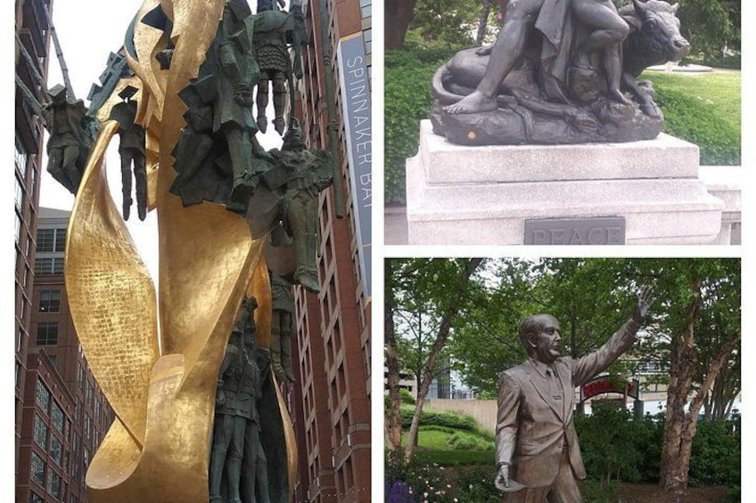 A large golden sculpture, a bronze statue of a man, and a bronze relief sculpture. 1