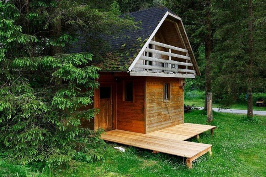 A wooden cabin with a sloped roof, surrounded by dense green trees. 4