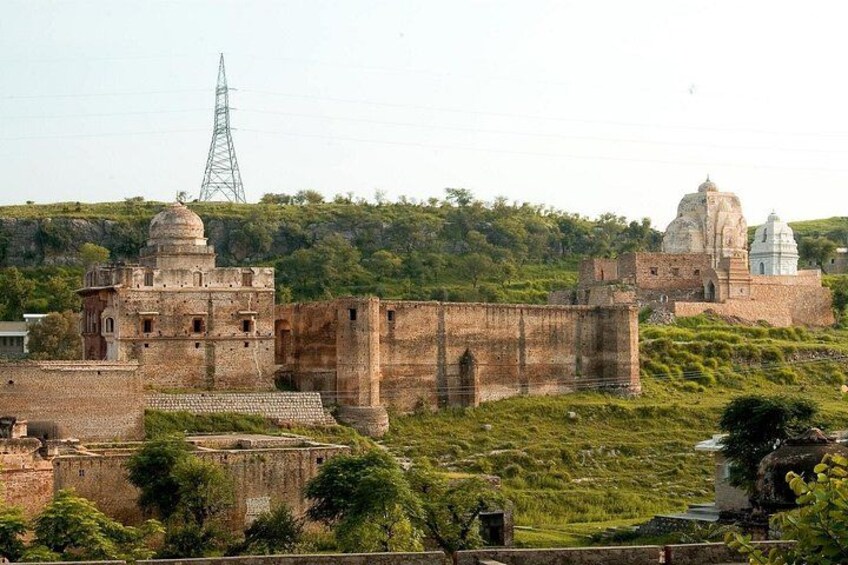 An ancient fort with a dome and a white building, surrounded by greenery and a power line tower in the background. 4
