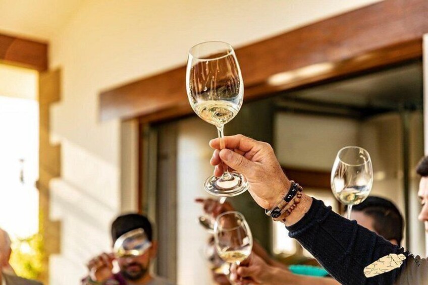 Una persona sosteniendo una copa de vino, con otras personas a su alrededor también con copas. 2