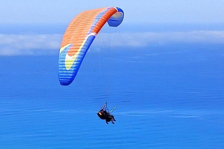 En paraglider med en farverig vinge svæver over et stort, blåt hav. 3
