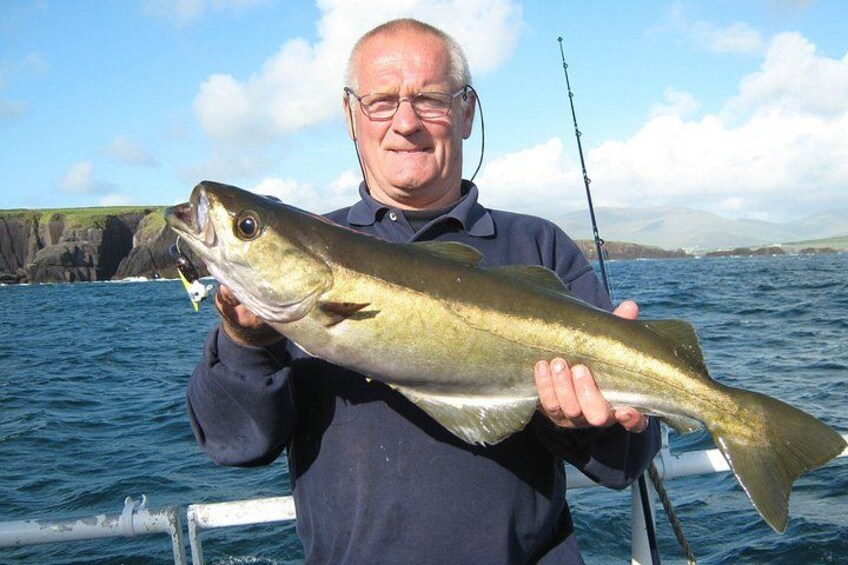 A person holding a large fish, standing on a boat with a rocky coastline in the background. 3
