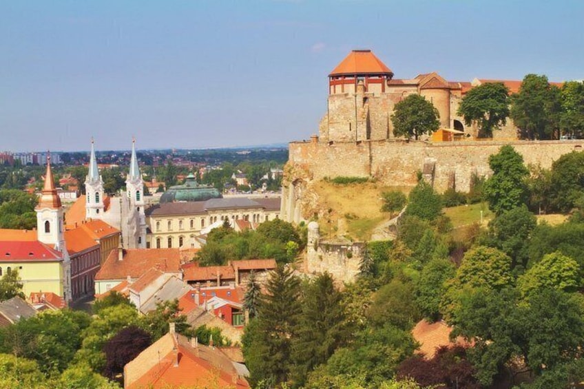 A historic cityscape with a prominent castle on a hill, a church with a spire, and surrounding greenery. 1
