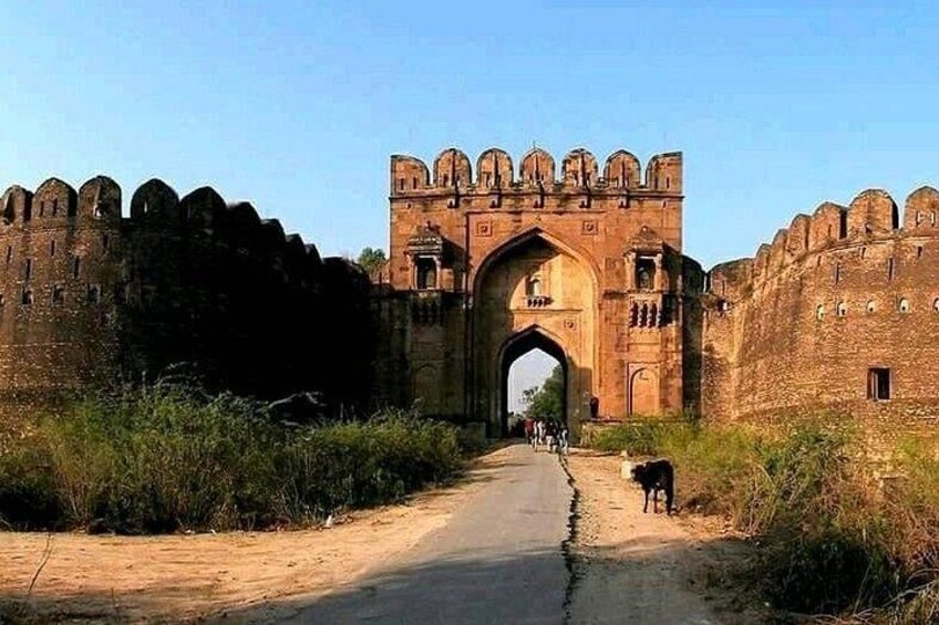 An ancient fort with a large archway, a dirt road, and a dog. 2