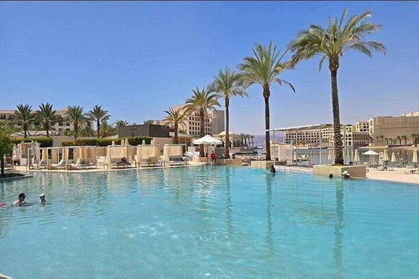 A large swimming pool with palm trees, lounge chairs, and a hotel building in the background. 5