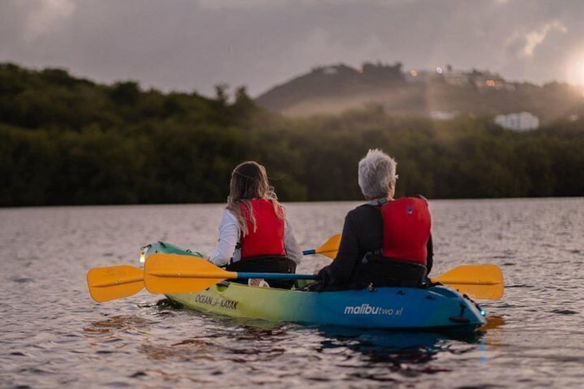 Deux personnes pratiquent le kayak sur un lac paisible, avec une colline boisée en arrière-plan. 2