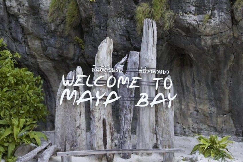 Et træskilt med teksten 'WELCOME TO MAYA BAY', placeret foran en klippeformation med grøn vegetation. 1