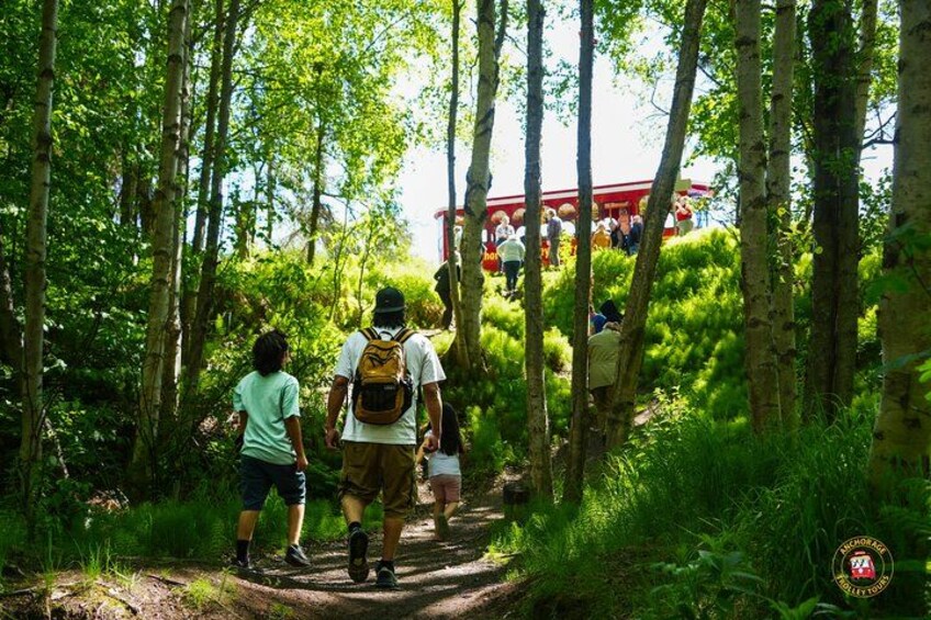 A forested hiking trail with people walking. 1