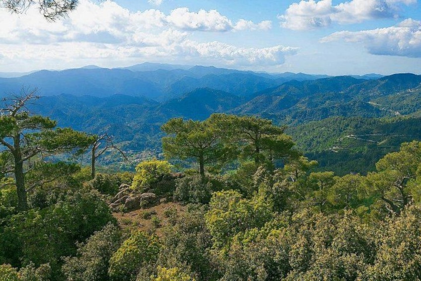 A mountainous landscape with dense forests and a clear sky. 1
