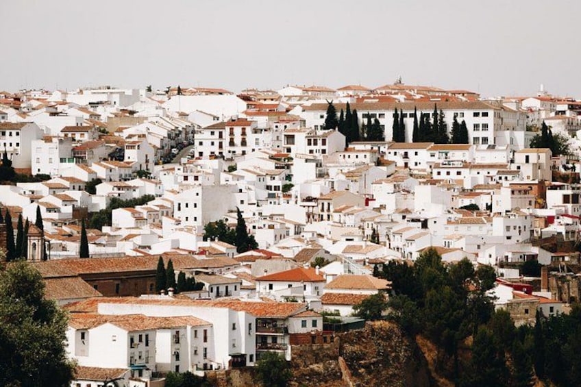 A densely packed urban area with white buildings and red-tiled roofs. 1