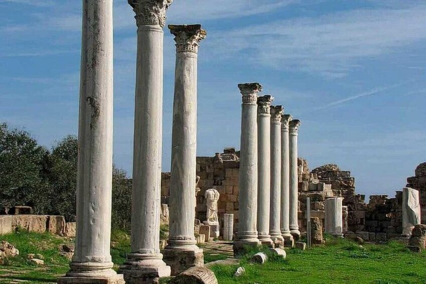Ancient white columns, ruins, and greenery. 5