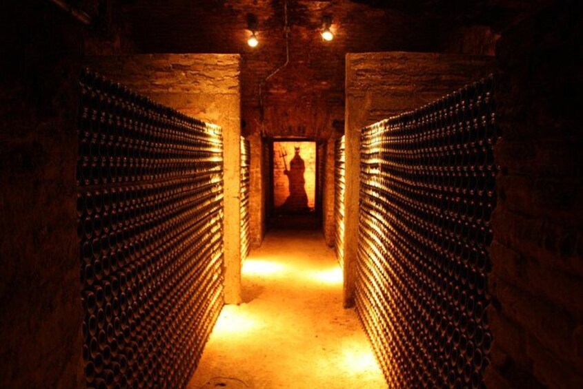 A wine cellar with rows of wine bottles on shelves. 3