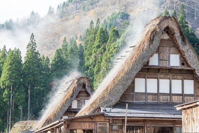 Traditional wooden buildings with thatched roofs in a forested mountainous area. 3