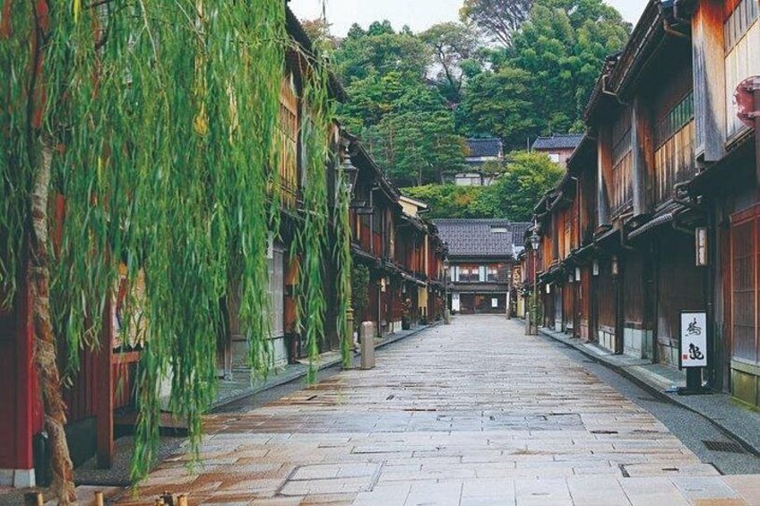 A traditional Japanese street with wooden buildings, a stone pathway, and hanging greenery. 2
